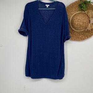 J. Jill‎ Women's Linen Rayon Knit Rolled Short Sleeve Tunic Sweater Navy Blue L